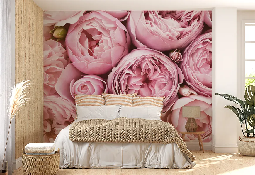 کاغذ دیواری سه بعدی اتاق خواب عروس و داماد طرح گل رز صورتی